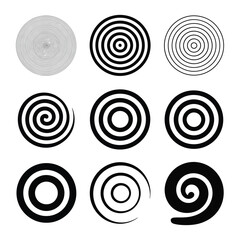 collection of nine black and white spiral and concentric circle patterns with varied thickness, ideal for optical illusion and design use