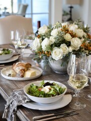 Conversation Starters for Dinner Table Setting With Elegant Food Presentation and Floral Centerpiece