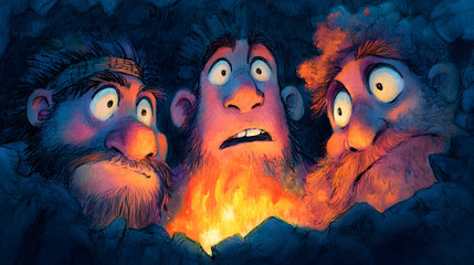 storybook cartoon illustration of cavemen 