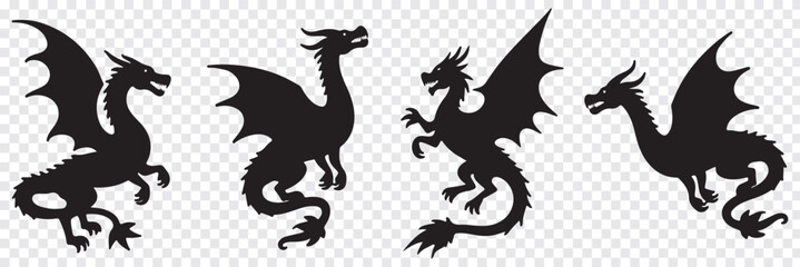 Fototapeta premium A set of Silhouette dragon illustrations in various poses, set of silhouettes of dragons various dragon silhouettes. Mythological creature wild animal. Eps 10 Design.