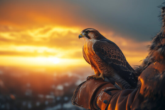 A falcon sits gracefully on the arm of a falconer who is wearing a leather glove. The vibrant colors of the sunset create a dramatic background highlighting the bond between man and bird