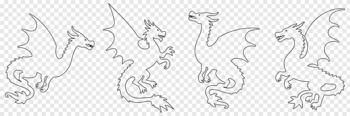 A set of Silhouette dragon illustrations in various poses, set of silhouettes of dragons various dragon silhouettes. Mythological creature wild animal. Eps 10 Design.