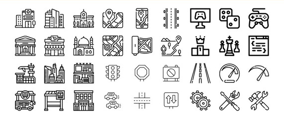 Black Line Icons City Maps Games Buildings Collection