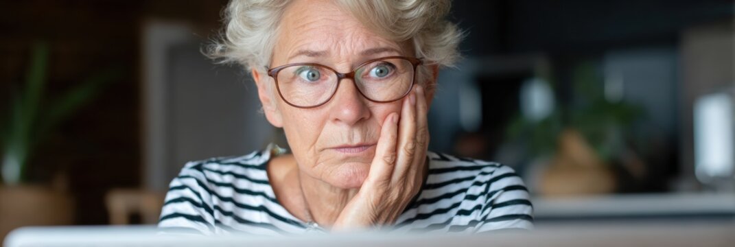 Concerned Older Adult Learns About Common Scams Targeting Seniors While Browsing the Internet in a Cozy Home Setting