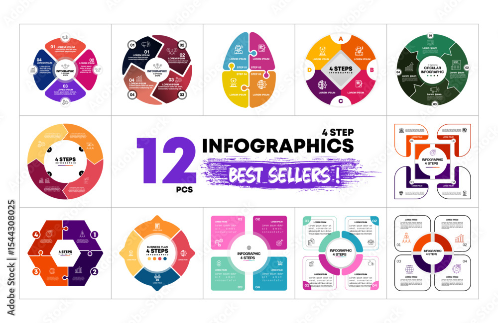 Poster 12 circle vector infographics bundle. presentation 4 option step slide templates. circle chart diagr