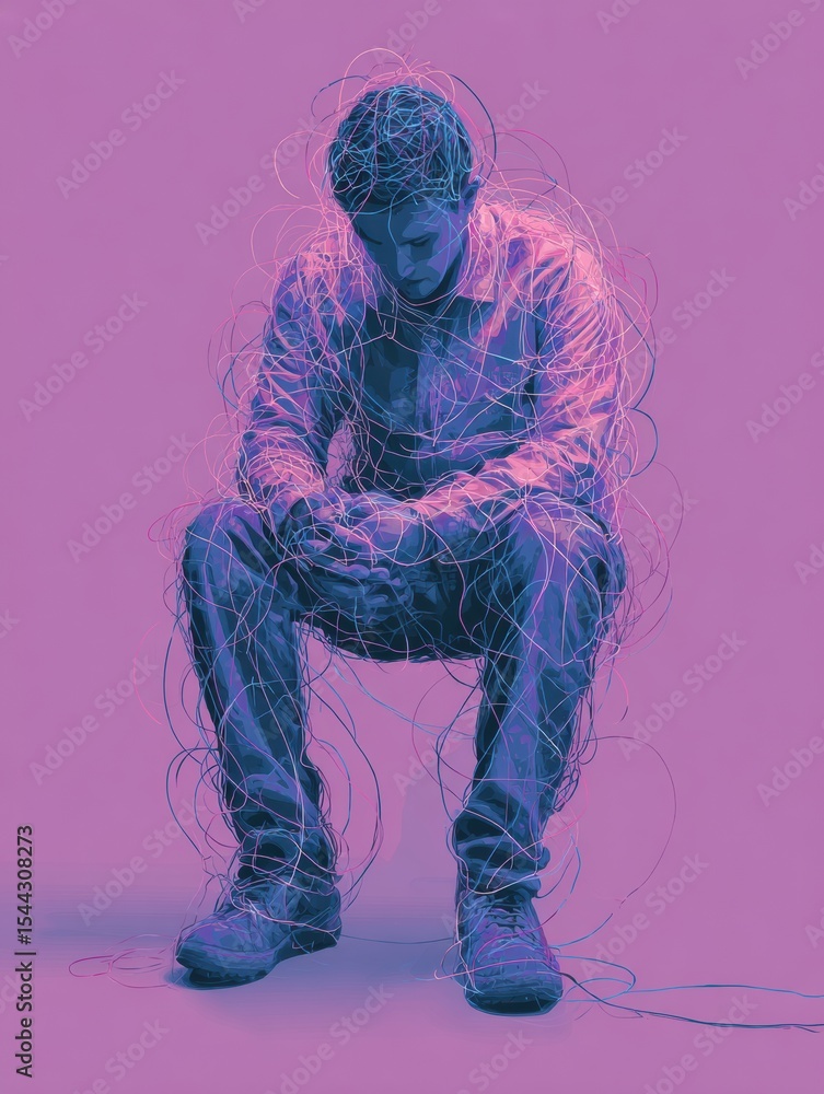 Aufkleber mapping anxiety symptoms in a soft digital style around a figure seated in a contemplative posture