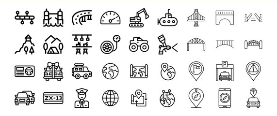 Black Line Icons Collection Transportation Travel Bridges Vehicles Maps