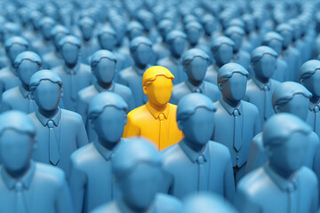 Fototapeta premium Unique individual standing out in a crowd of blue figures