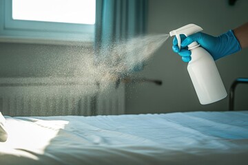 doctor disinfect hospital bed sheet with spray bottle