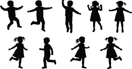 Vector illustration of children running, playing, jumping, dancing silhouettes, active kids motion, outdoor activity, childhood energy, fun lifestyle design