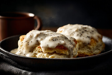 Fototapeta premium a plate of biscuits covered in gravy and cream