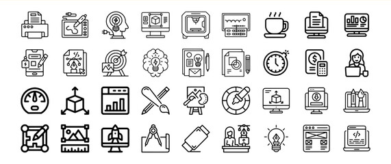 Fototapeta premium Collection of Black Line Icons Design Creativity Graphics Web Development
