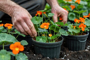Growing Nasturtium in Pots Man Transplanting Nasturtium in Pots with Fertile Soil