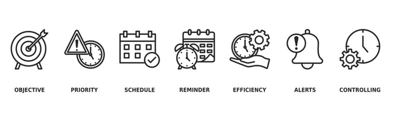 Obraz premium Time management banner web icon vector illustration concept with icon of objective, priority, schedule, reminder, efficiency, alerts, and controlling