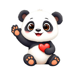 Obraz premium Cute cartoon panda sitting and waving while holding a red heart isolated on transparent background