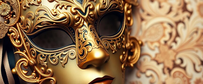 Intricate gold filigree Venetian mask with black accents, rich detail,  carnival,  performance