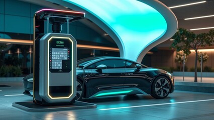 Futuristic Electric Vehicle Charging Station with Payment Kiosk