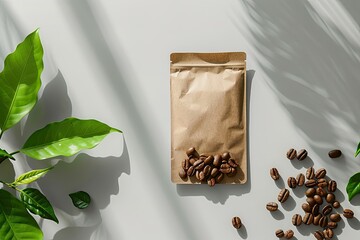 Mockup of a Coffee Package on a Gray Background with Stiff Shadows From the Leaves