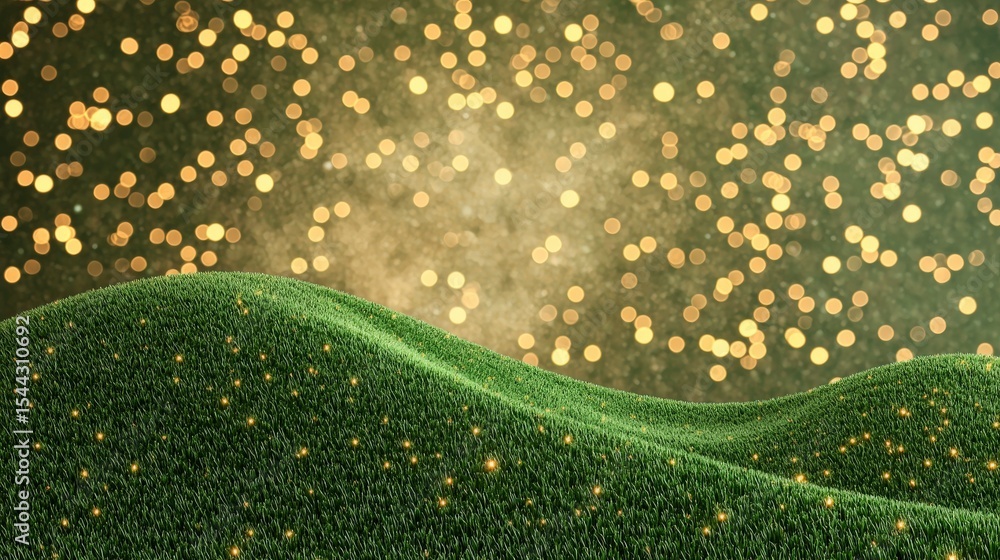 Poster golden light hills: soft rolling hills of grass and floating golden light, create a calming and natu