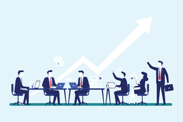 Dynamic Business Team Achieving Growth and Success, Collaborating on Strategic Ideas, Analyzing Data, and Innovating Solutions in a Productive Meeting flat vector illustration