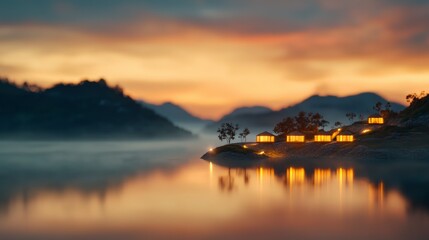 Tranquil Lakeside Scene: A serene landscape unfolds as twilight descends, painting the sky with hues of orange and gold. Buildings cluster peacefully along the lake's edge.
