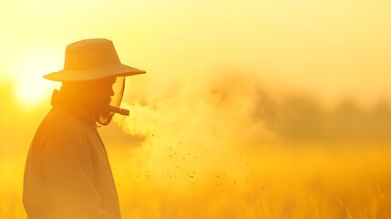 Morning Light Beekeeper in Field with Protective Gear and Yellow Haze