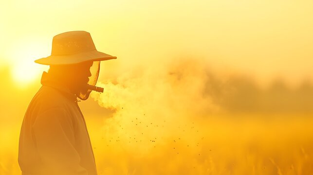 Morning Light Beekeeper in Field with Protective Gear and Yellow Haze