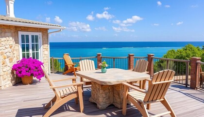Obraz premium Stone patio table and deck chairs on coastal house deck, sunny day, real estate, patio furniture
