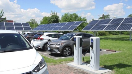 Solar-powered electric vehicle charging station with blue sky background