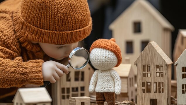 Child examines small knitted figure through magnifying glass amongst wooden houses