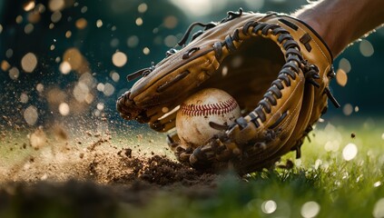 Baseball glove catching a ball in dirt.  A hand in a brown baseball mitt catches a ball as it impacts the ground.  Dust and water droplets fly around the action.  Outdoor setting