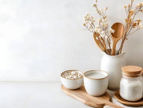 a white vase filled with flowers and a wooden spoo