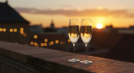 Two champagne flutes at sunset on a rooftop overlooking city lights