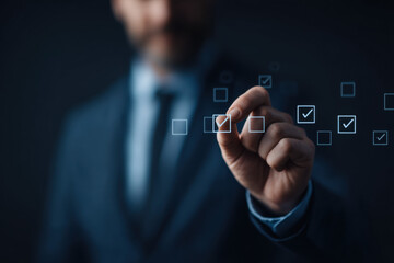 Businessman hand selecting digital checkmark box, online verification, technology, success, professional, modern, concept