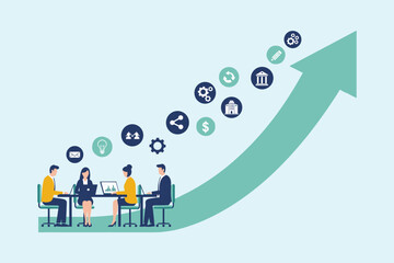 Remote Business Team Achieving Growth and Success, Collaborating on Innovative Strategies, Analyzing Data, and Managing Projects for Future Progress flat vector illustration