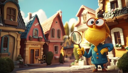Animated character, likely a detective, examines a quaint town.  Bright, colorful houses surround him, a sunny day.  3D rendering
