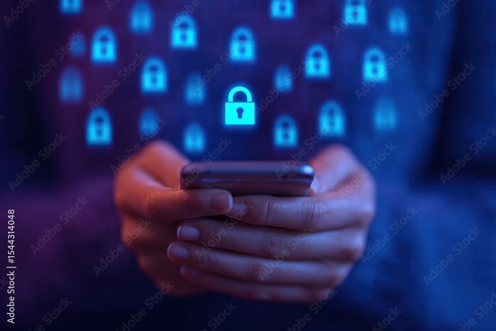 Poster mobile security data protection privacy digital lock encryption technology cyber safety blue light s