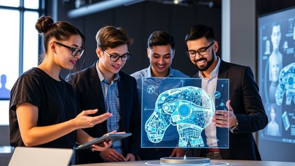 Young Professionals Collaborating with Holographic AI Interface