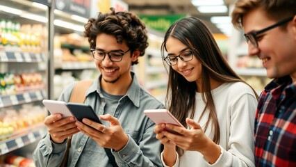 Young professionals comparing grocery prices