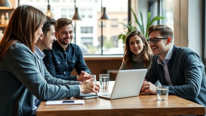 Young professionals discussing technology in café