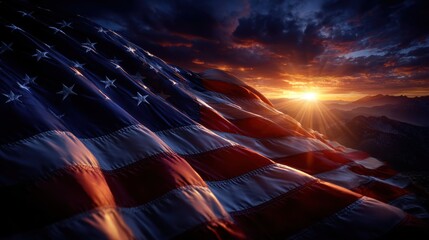 American flag gently waving in the breeze, golden hour sunlight, vivid red, white, and blue colors,