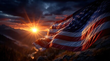 American flag gently waving in the breeze, golden hour sunlight, vivid red, white, and blue colors,