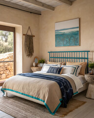 Coastal Bedroom Design Beige Duvet, Teal Accents, and Natural Textures