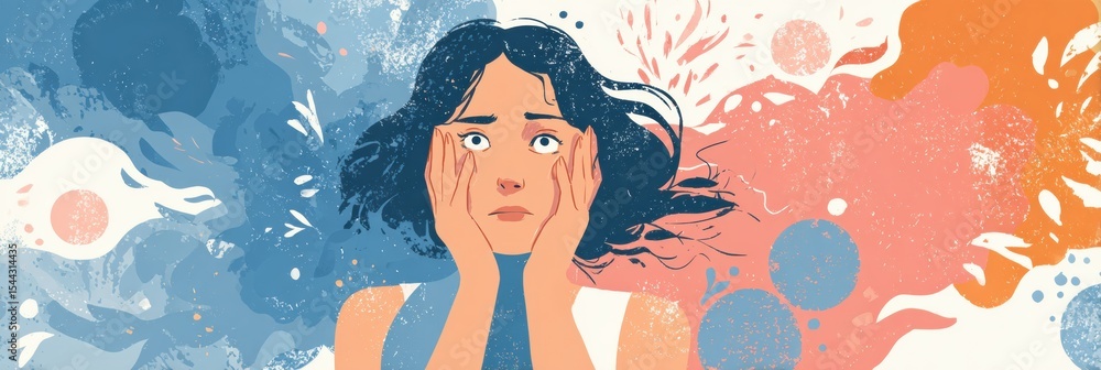 Poster mapping anxiety symptoms around a figure in a soft digital style illustrating emotional struggle and