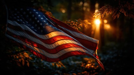 American flag gently waving in the breeze, golden hour sunlight, vivid red, white, and blue colors,