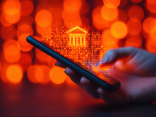 Hand holding smartphone digital bank icon glowing orange bokeh online banking technology finance secure innovation modern futuristic
