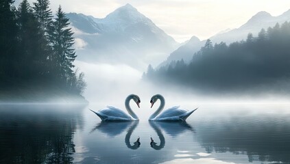 Two swans in a misty mountain lake