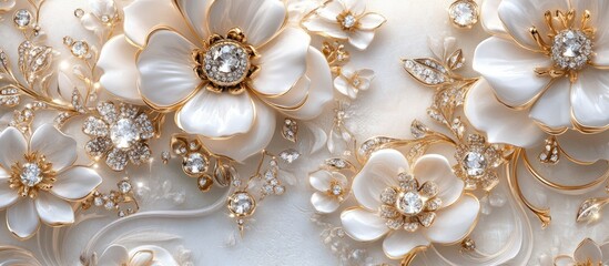 Ornate white flowers adorned with golden embellishments and sparkling crystals