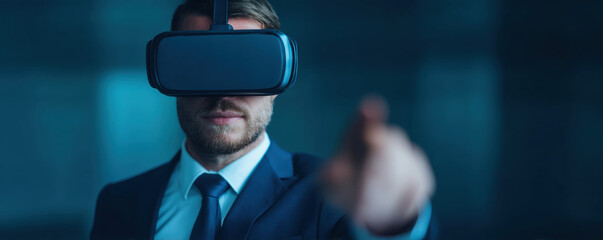 Businessman wearing virtual reality headset interacts with digital interface, futuristic technology concept, confident expression