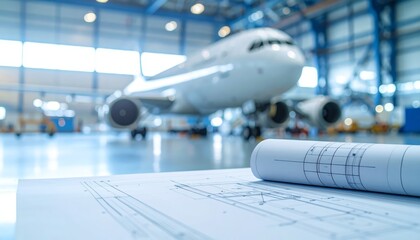 Fototapeta premium White airplane model on architectural blueprints, symbolizing travel and design integration